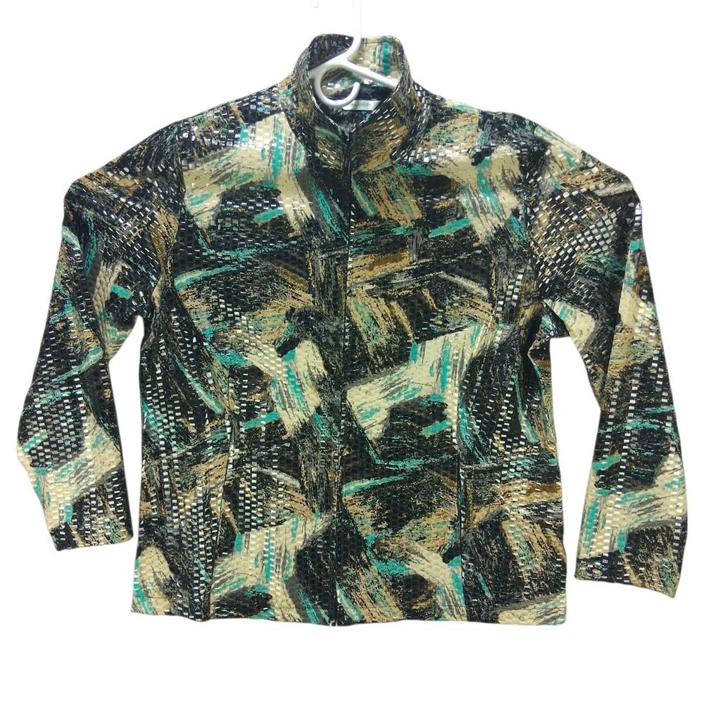 Womens laura ashley long sleeve blazer jacket size L Large abstract poly blend